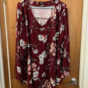 Size 4X - Folunsi - Maroon and Floral Tone Long Sleeve Pullover Blouse